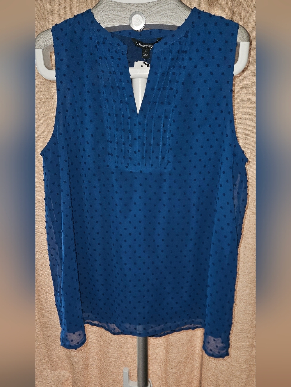 41 Hawthorn Sleeveless Navy Swiss Dot Pintuck V-Neck Top